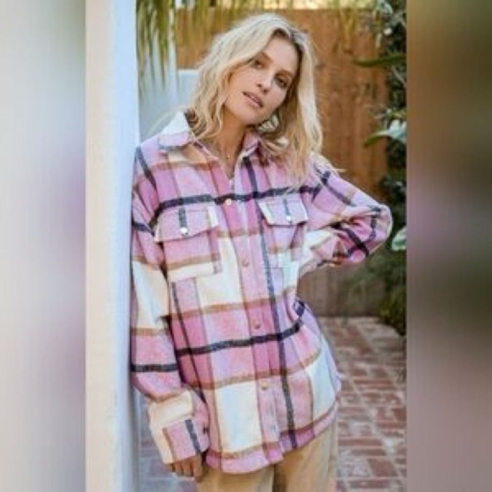 Staccato Pink and White Plaid Button-Up Flannel Shirt size S